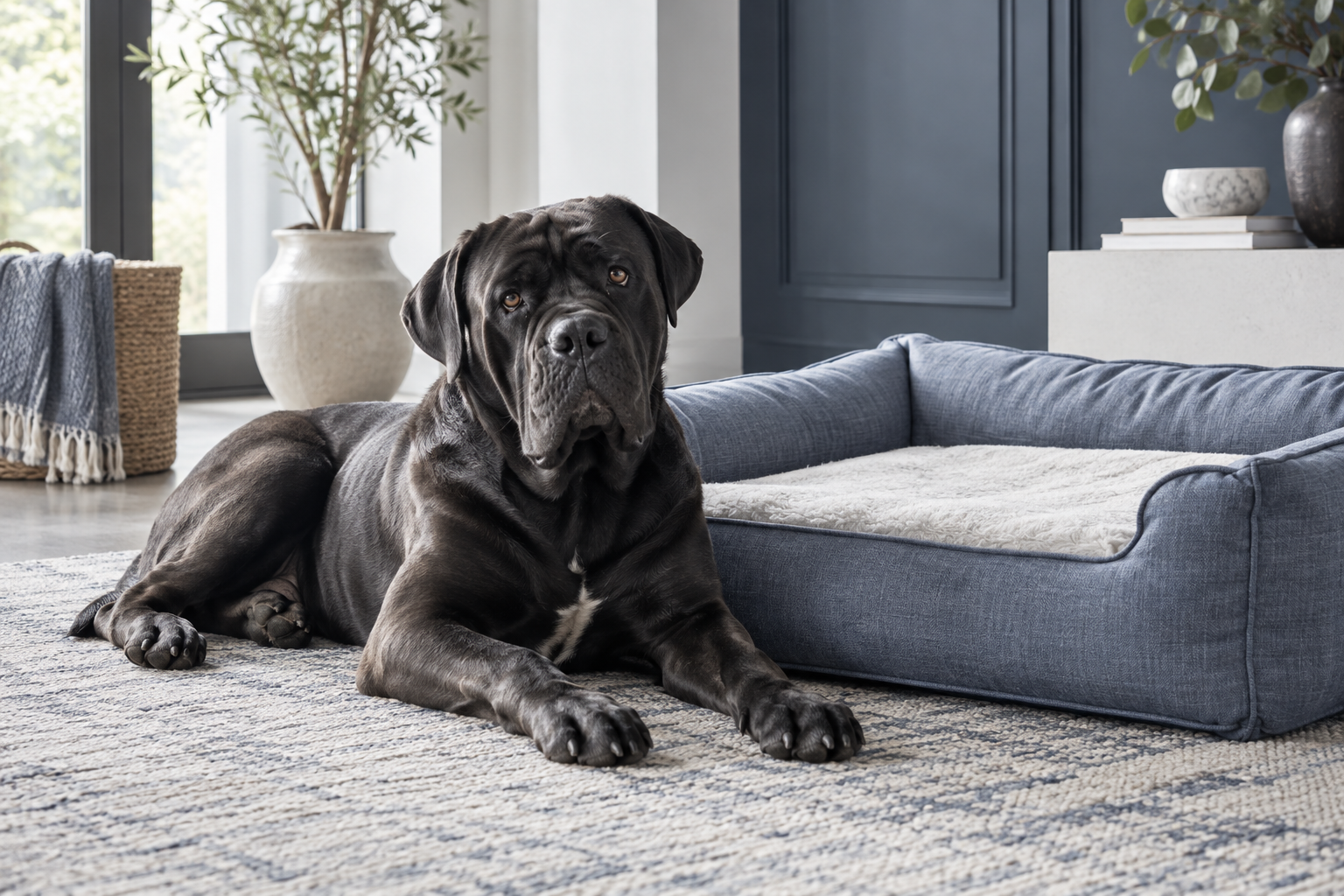 Illustrative image of a Cane Corso beside a fabric dog bed