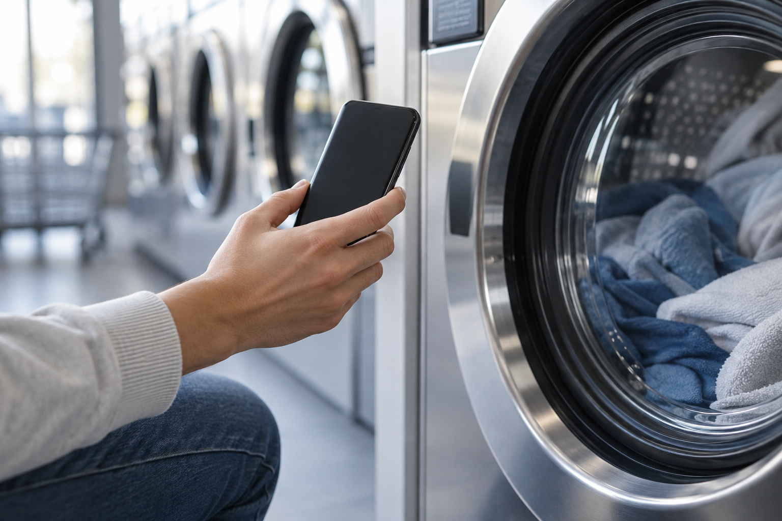 Illustrative image of a phone beside a laundry machine